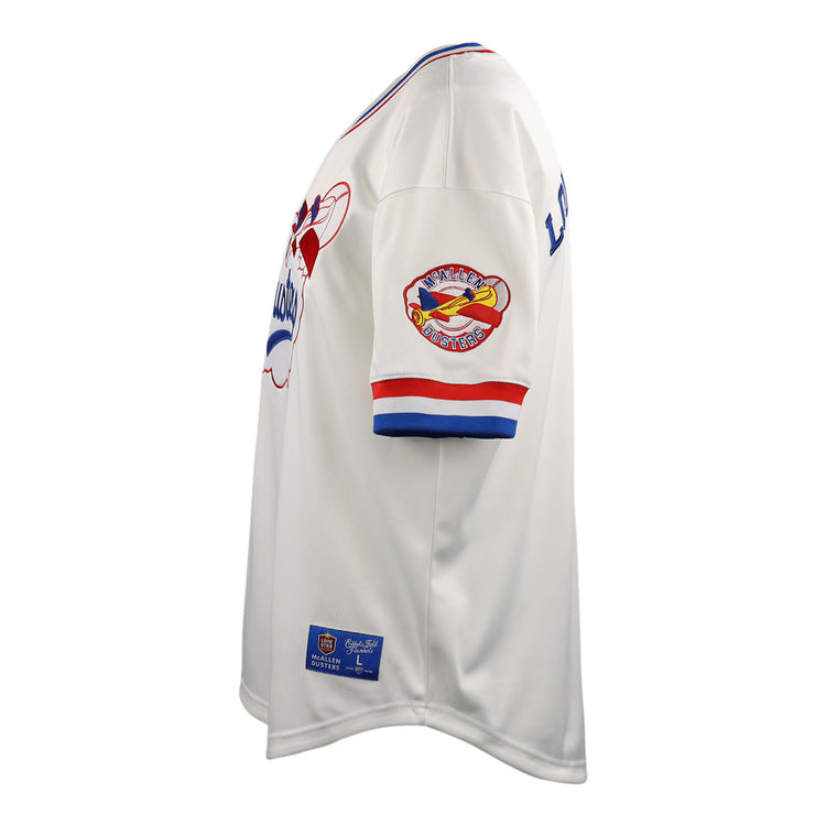 The EFF McAllen Dusters EFF Lone Star Baseball Jersey features red and blue trim, a bird-on-bat sleeve patch, and logo tags—ideal for proudly representing your local school district on the baseball field.