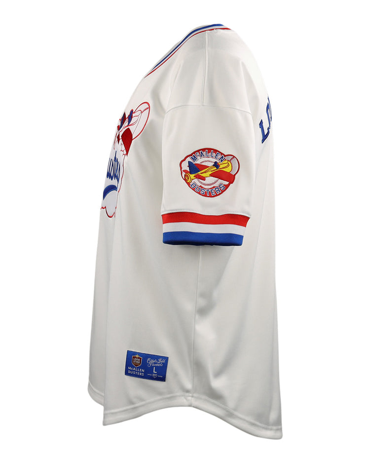 The EFF McAllen Dusters EFF Lone Star Baseball Jersey features red and blue trim, a bird-on-bat sleeve patch, and logo tags—ideal for proudly representing your local school district on the baseball field.