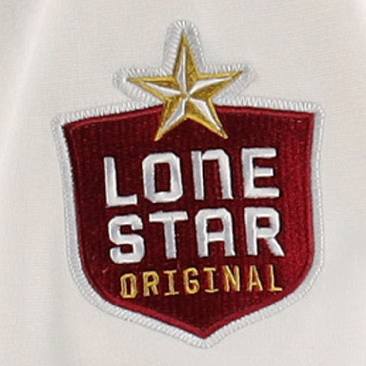 An embroidered red shield patch with a gold star and LONE STAR ORIGINAL in white/yellow, inspired by McAllen Dusters and local school pride, decorates the EFF McAllen Dusters EFF Lone Star Baseball Jersey.