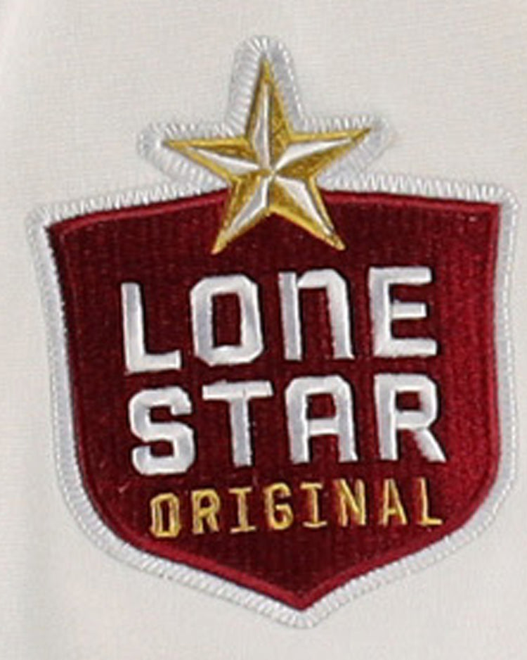 An embroidered red shield patch with a gold star and LONE STAR ORIGINAL in white/yellow, inspired by McAllen Dusters and local school pride, decorates the EFF McAllen Dusters EFF Lone Star Baseball Jersey.