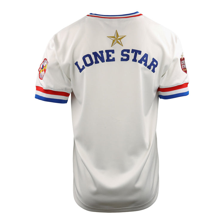 Show your McAllen Dusters pride at the ballpark in the EFF McAllen Dusters EFF Lone Star Baseball Jersey, featuring blue and red trim, a gold star above LONE STAR on the back, and colorful patches on both sleeves.