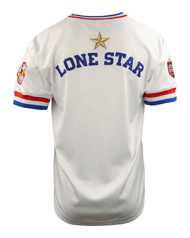 Show your McAllen Dusters pride at the ballpark in the EFF McAllen Dusters EFF Lone Star Baseball Jersey, featuring blue and red trim, a gold star above LONE STAR on the back, and colorful patches on both sleeves.