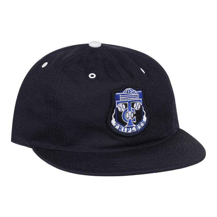 The EFF Binghamton Triplets Cotton Twill Ballcap is a black cap with a blue and white TRIPLE embroidered patch, featuring a wheel and three balls on the front, plus an adjustable leather strap for comfort.