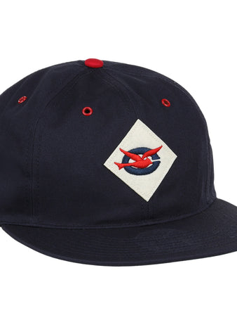 The Columbus Red Birds Cotton Twill Ballcap by EFF features navy cotton twill, a flat brim, and a white diamond patch with two red fish, plus red accents on the top button and eyelets for a vintage-inspired look.