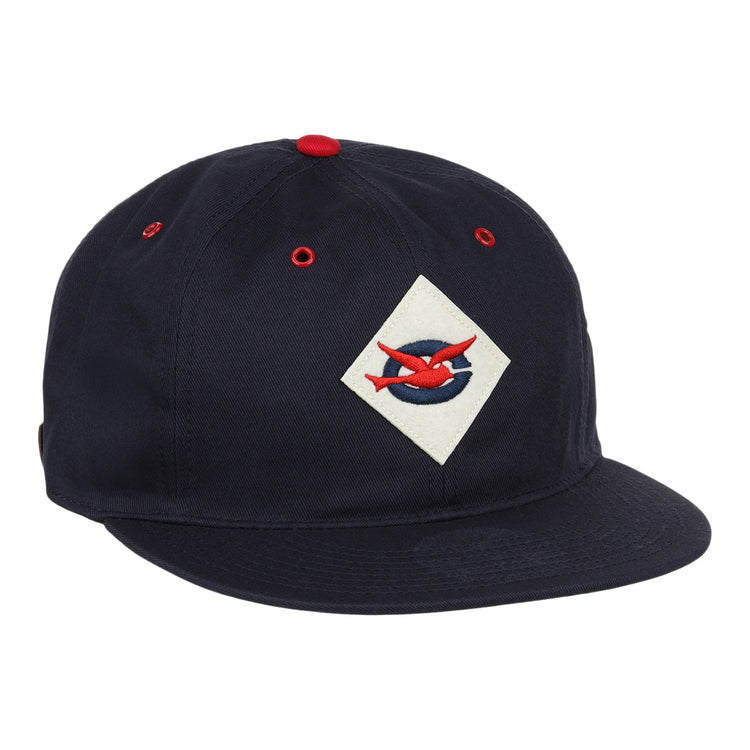 The Columbus Red Birds Cotton Twill Ballcap by EFF features navy cotton twill, a flat brim, and a white diamond patch with two red fish, plus red accents on the top button and eyelets for a vintage-inspired look.