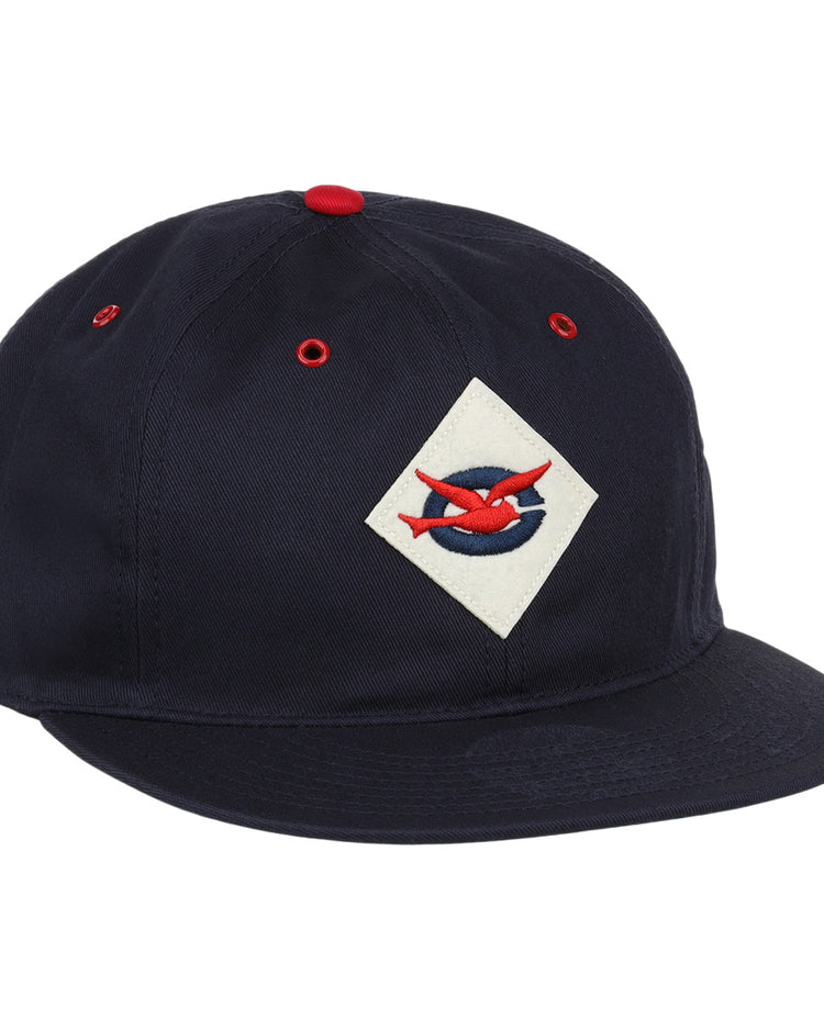 The Columbus Red Birds Cotton Twill Ballcap by EFF features navy cotton twill, a flat brim, and a white diamond patch with two red fish, plus red accents on the top button and eyelets for a vintage-inspired look.
