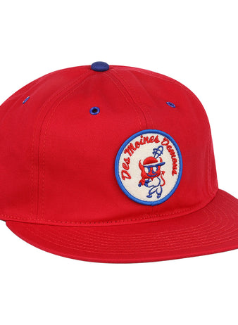 The EFF Des Moines Demons Cotton Twill Ballcap features a bright red design, round demons patch with cartoon graphic and Des Moines Demons text, plus blue eyelet and button accents—perfect for any summer series game.