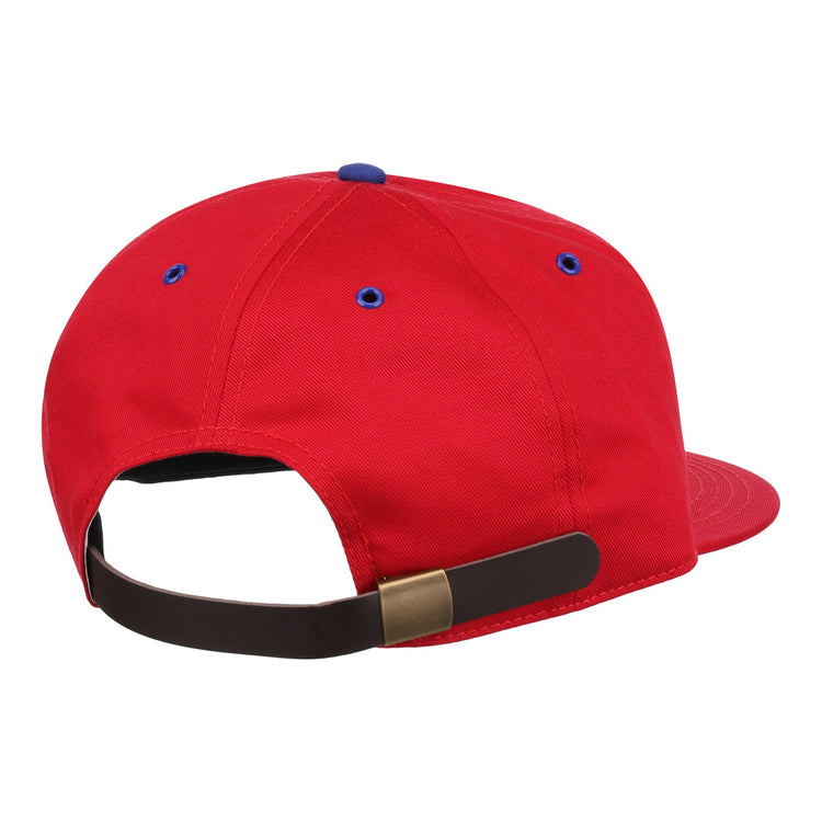 The EFF Des Moines Demons Cotton Twill Ballcap in red, from the summer series, is shown from the back with blue ventilation eyelets and a dark adjustable strap featuring a metallic buckle.