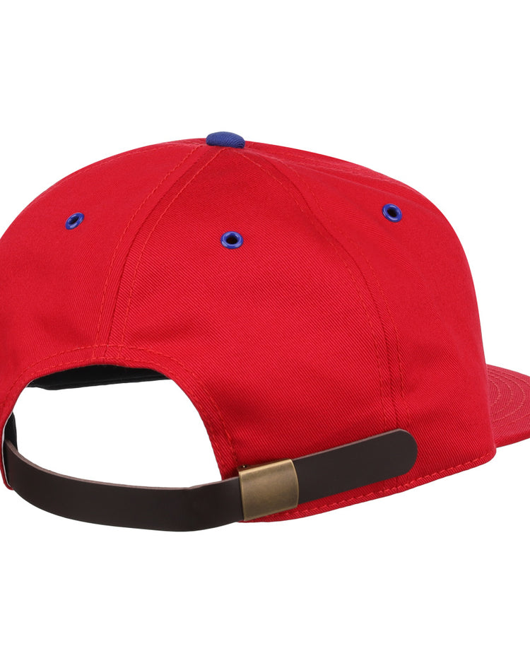 The EFF Des Moines Demons Cotton Twill Ballcap in red, from the summer series, is shown from the back with blue ventilation eyelets and a dark adjustable strap featuring a metallic buckle.