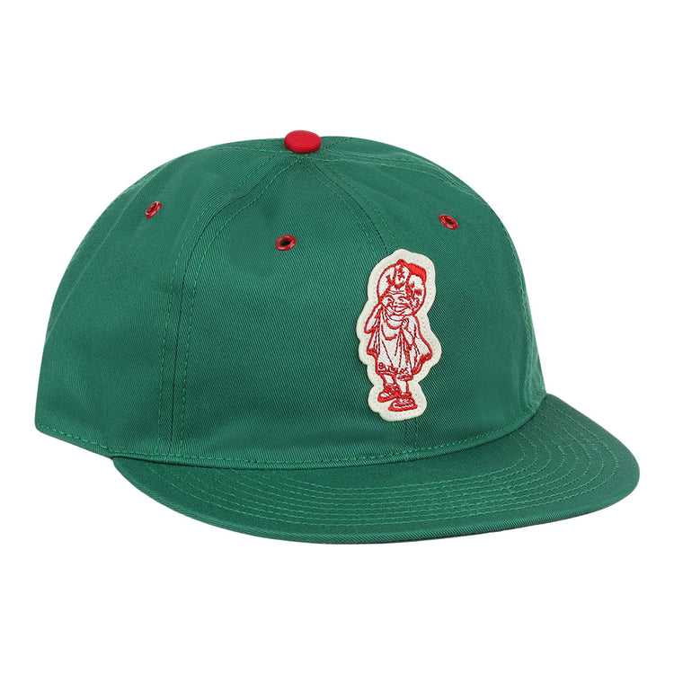 The EFF Hot Springs Bathers Cotton Twill Ballcap features lightweight cotton twill, red stitching and ventilation eyelets, and a white patch with a red embroidered figure on the front left panel.
