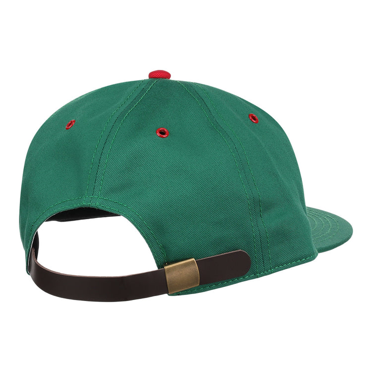 The EFF Hot Springs Bathers Cotton Twill Ballcap is a green cap viewed from the back, made of lightweight cotton twill with a brown adjustable strap, brass buckle, and red eyelets on the top panels.