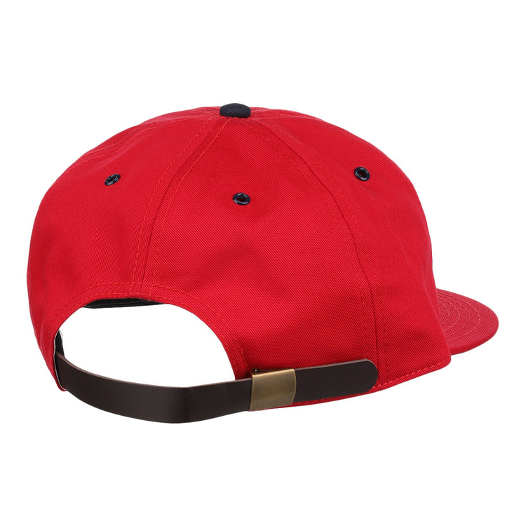 The EFF Havana Sugar Kings Cotton Twill Ballcap is red, viewed from the back with a brown adjustable strap and brass buckle, black crown eyelets, and a subtle Beisbolito patch honoring Cuban League tradition.