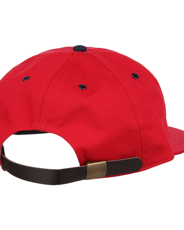 The EFF Havana Sugar Kings Cotton Twill Ballcap is red, viewed from the back with a brown adjustable strap and brass buckle, black crown eyelets, and a subtle Beisbolito patch honoring Cuban League tradition.