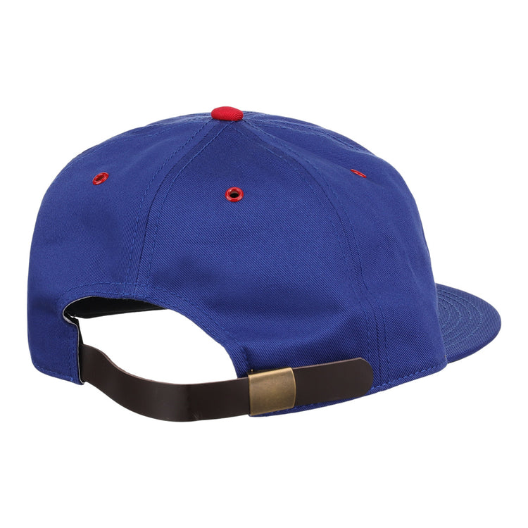 The EFF Hollywood Stars Cotton Twill Ballcap features blue cotton, a brown adjustable strap with brass buckle, and red embroidered eyelets and button, inspired by the classic Pacific Coast League Hollywood Stars cap.