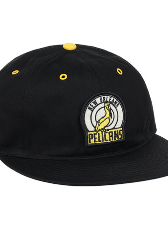 The EFF New Orleans Pelicans Cotton Twill Ballcap is a black cap with yellow accents, a Pelicans patch on the front, and New Orleans Pelicans text—ideal for Southern Association baseball fans.
