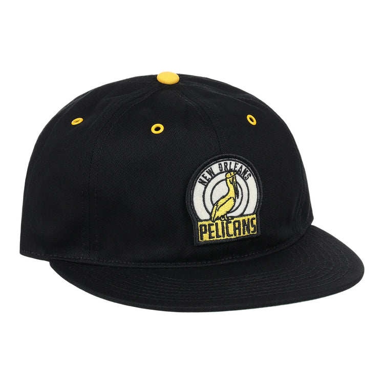 The EFF New Orleans Pelicans Cotton Twill Ballcap is a black cap with yellow accents, a Pelicans patch on the front, and New Orleans Pelicans text—ideal for Southern Association baseball fans.