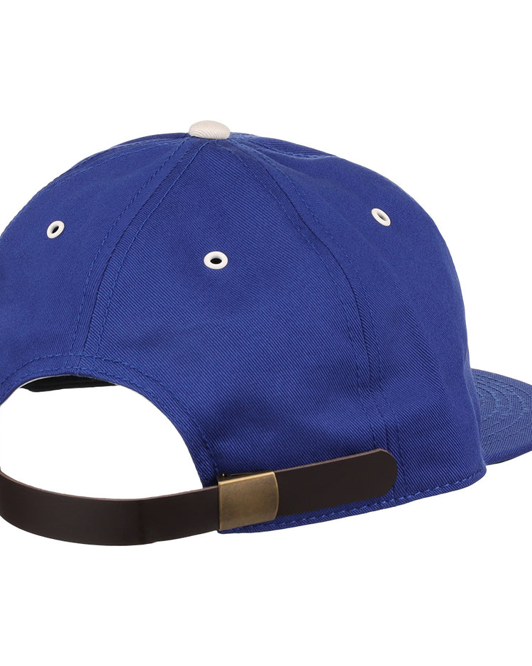 The EFF Santurce Cangrejeros Cotton Twill Ballcap is blue with white stitched eyelets, a white top button, and an adjustable brown strap with brass buckle—ideal for any Cangrejeros de Santurce fan.