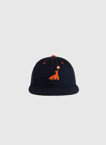 The EFF San Francisco Seals Cotton Twill Ballcap in navy features an orange and blue embroidered dinosaur logo on the front, displayed against a plain light gray background.