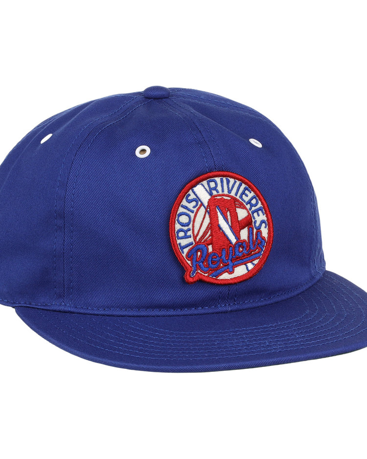 The EFF Trois Rivières Royals Cotton Twill Ballcap is royal blue cotton with a round embroidered patch that reads Trois-Rivières Royals in red and white, featuring a stylized red R at the center.