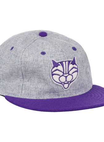 The EFF Northwestern University Mascot Vintage Ballcap - Gray features a purple brim and button with a stylized purple and white Wildcat logo—perfect for college sports mascot fans.