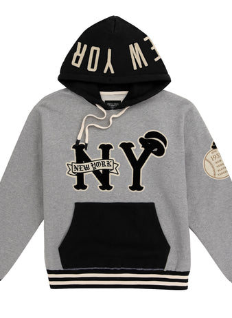 The EFF New York Black Yankees Vintage Inspired NLB Colorblock Hoodie features a gray body, black hood and pocket, large NY letters, New York text, a sleeve patch, and NEW YORK in white across the top of the hood.