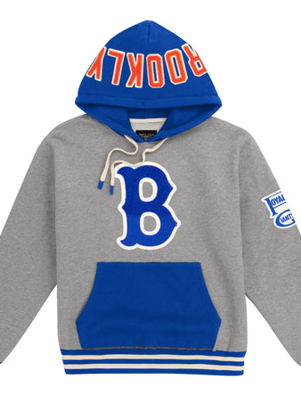 The EFF Brooklyn Royal Giants Vintage Inspired NLB Colorblock Hoodie features gray blocks, blue/white striped cuffs and hem, a large blue chenille B front patch, a blue hood with red/white BROOKLYN text, and a Royal Giants sleeve patch.