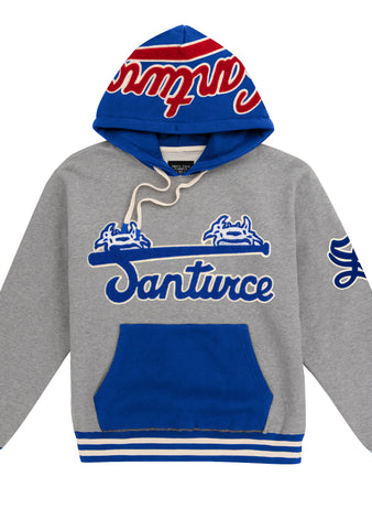The EFF Santurce Cangrejeros Vintage Inspired Colorblock Hoodie features gray fabric with blue and white accents, bold Santurce script, two classic cars, and a blue-red-white hood honoring Roberto Clemente and the Puerto Rican League.