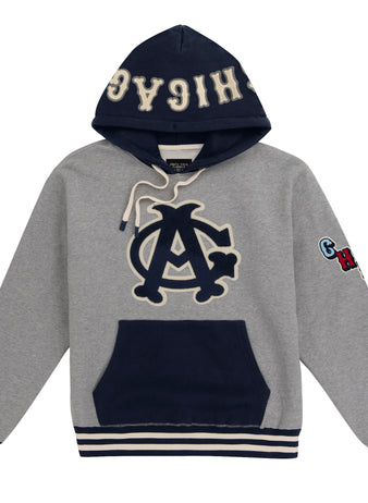 The EFF Chicago American Giants Vintage Inspired NLB Colorblock Hoodie features a gray body with navy accents, a large AC logo front, CHICAGO on the hood, striped cuffs and hem, front pocket, and team patches on the left sleeve.