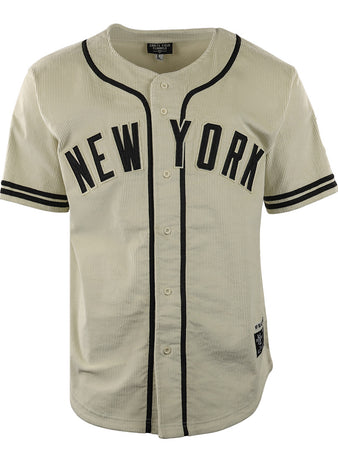The EFF New York Black Yankees Vintage Inspired NLB Corduroy Jersey is a cream corduroy baseball jersey with black trim, bold “NEW YORK” lettering on the chest, front buttons, and a black label near the lower left hem.