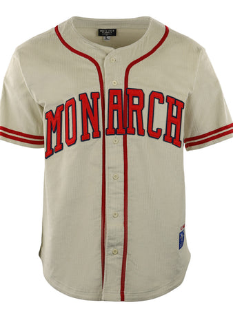 The EFF Kansas City Monarchs Vintage Inspired NLB Corduroy Jersey features cream corduroy, red trim, bold red and black MONARCH on the chest, short sleeves, and a patch near the hem—paying tribute to historic Negro National League teams.