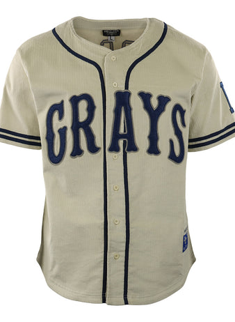 The EFF Homestead Grays Vintage Inspired NLB Corduroy Jersey features bold blue GRAYS lettering, navy trim, button front, and beige corduroy—a tribute to Negro Leagues legend Josh Gibson.