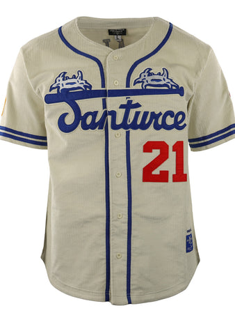 The EFF Santurce Cangrejeros Vintage Inspired Corduroy Jersey features cream corduroy, blue trim, Santurce in blue script, two blue crabs above the chest text, and red number 21—a tribute to Roberto Clemente and the Puerto Rican League.