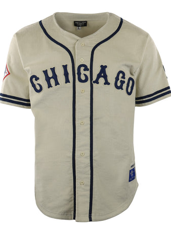 The EFF Chicago American Giants Vintage Inspired NLB Corduroy Jersey features beige corduroy, short sleeves, navy trim and buttons, CHICAGO in bold navy letters on the front, and a red-white patch honoring the Negro National League.