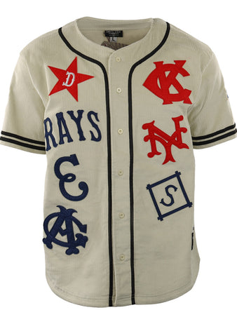 The EFF Negro League Baseball Vintage Inspired NLB Corduroy Jersey is a beige button-down with black sleeve stripes, bold red and blue letters, symbols, and “RAYS” on the front—paying tribute to classic Negro Leagues teams.