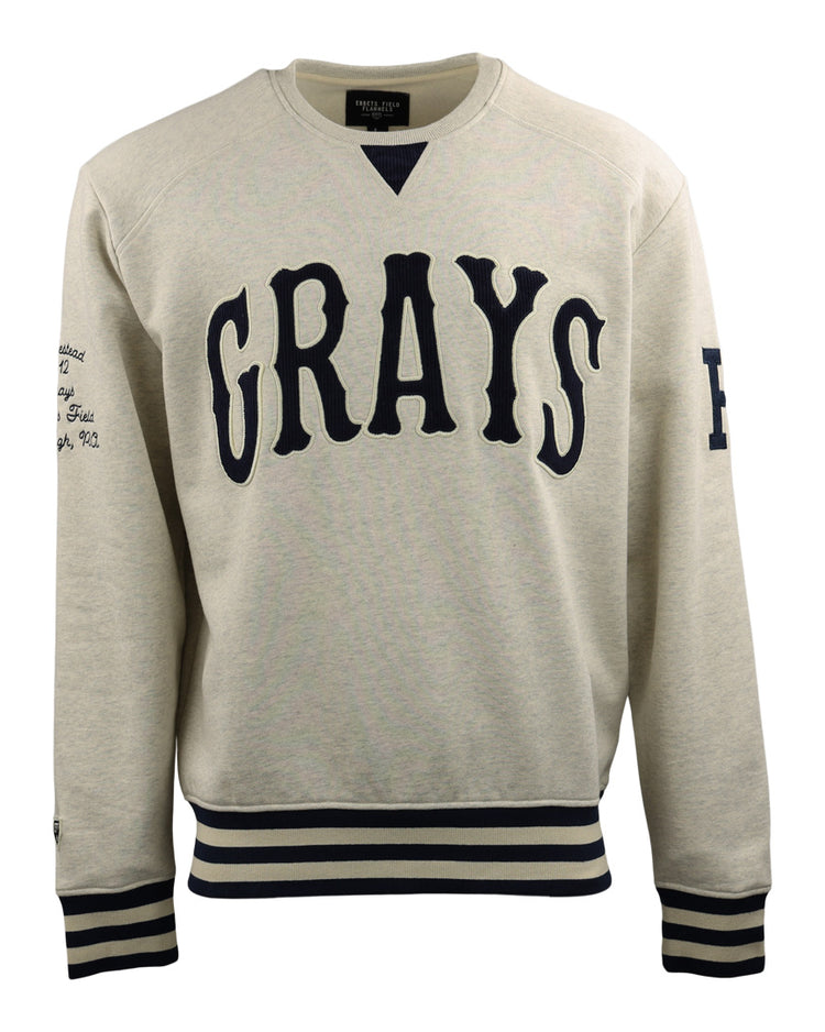The Homestead Grays EFF NLB Corduroy Crewneck by EFF features beige corduroy, black GRAYS front lettering, striped cuffs and hem, sleeve text, and honors Black Baseball teams like those in the Negro National League.
