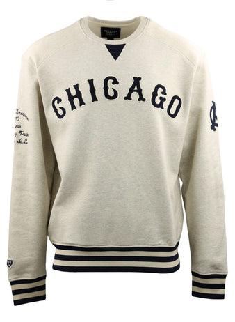 The EFF Chicago American Giants NLB Corduroy Crewneck features light gray corduroy, CHICAGO in bold navy on the front, navy striped cuffs and hem, plus classic team-inspired navy graphics on the left sleeve and right shoulder.