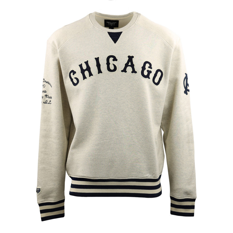 The EFF Chicago American Giants NLB Corduroy Crewneck features light gray corduroy, CHICAGO in bold navy on the front, navy striped cuffs and hem, plus classic team-inspired navy graphics on the left sleeve and right shoulder.