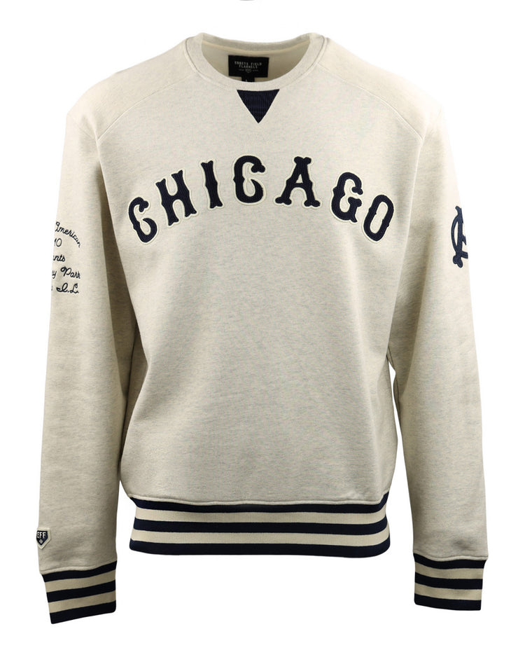 The EFF Chicago American Giants NLB Corduroy Crewneck features light gray corduroy, CHICAGO in bold navy on the front, navy striped cuffs and hem, plus classic team-inspired navy graphics on the left sleeve and right shoulder.