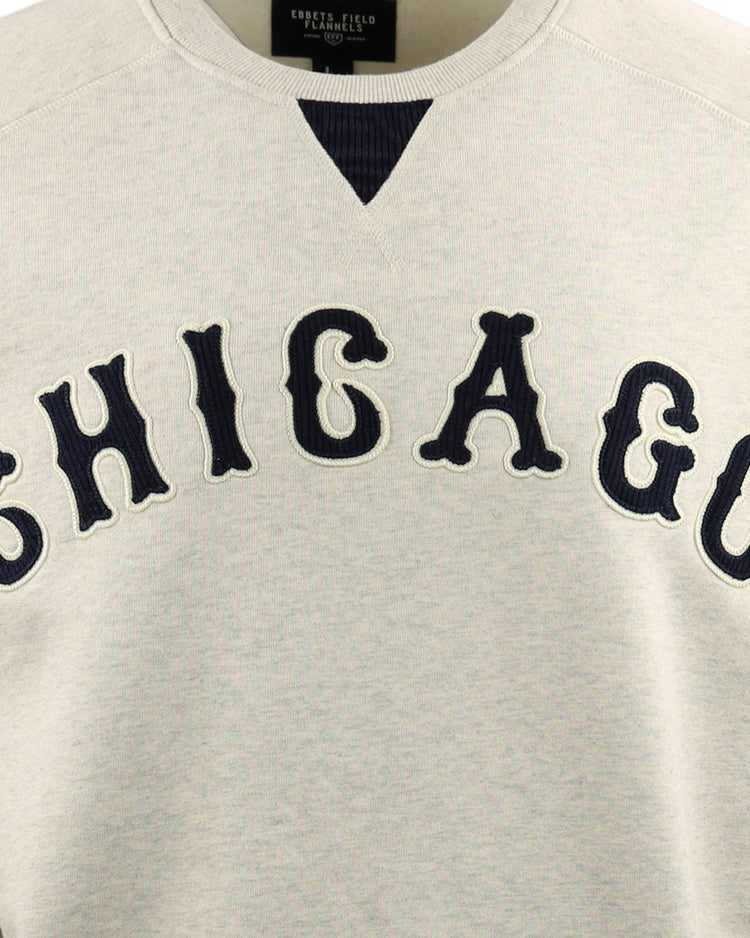 The EFF Chicago American Giants NLB Corduroy Crewneck features light gray fabric with CHICAGO in bold black letters outlined in white—a tribute to classic Black baseball teams.