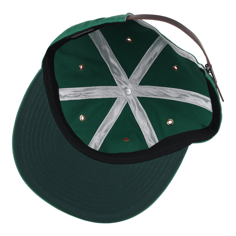 The EFF Dublin Irish Cotton Twill Ballcap features green cotton twill, silver-striped lining, metal eyelets, black trim, and an adjustable brown leather strap—ideal for classic Irish baseball cap enthusiasts.