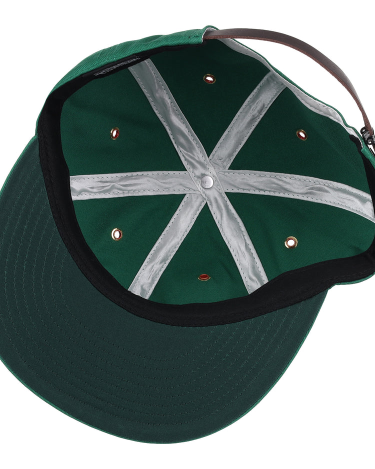 The EFF Dublin Irish Cotton Twill Ballcap features green cotton twill, silver-striped lining, metal eyelets, black trim, and an adjustable brown leather strap—ideal for classic Irish baseball cap enthusiasts.