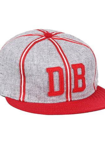 The Ebbets Field Flannels Daytona Beach Islanders 1936 Vintage Ballcap is a gray cap with red stripes, a red brim, and large red DB letters—an authentic reproduction of classic baseball style.