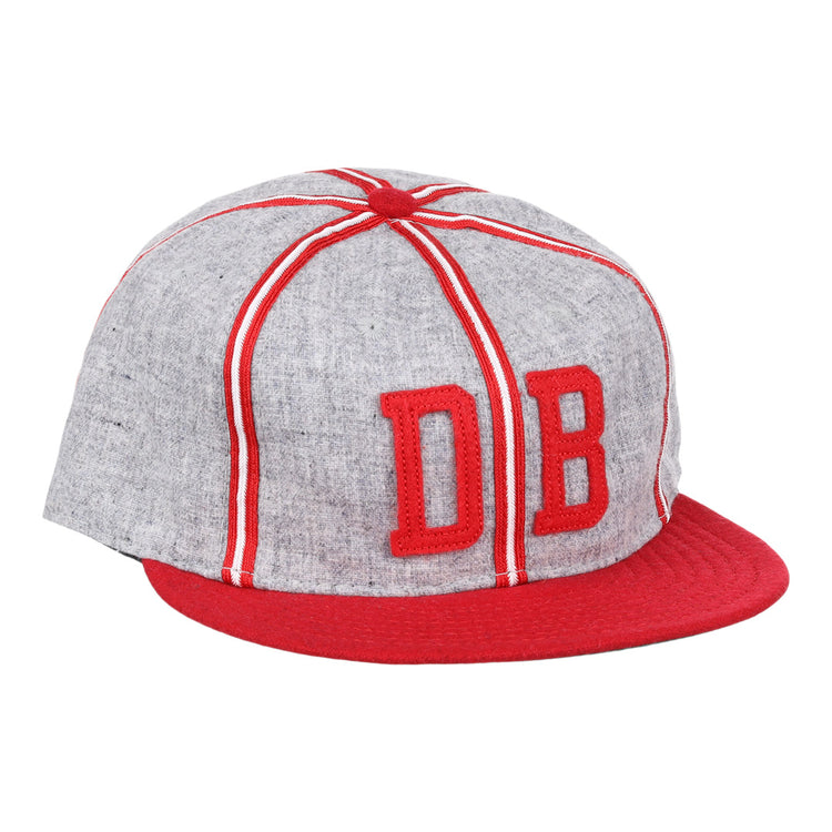 The Ebbets Field Flannels Daytona Beach Islanders 1936 Vintage Ballcap is a gray cap with red stripes, a red brim, and large red DB letters—an authentic reproduction of classic baseball style.