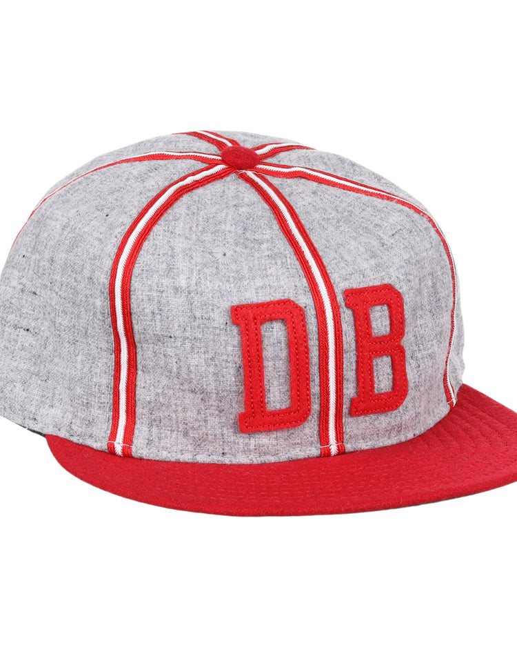 The Ebbets Field Flannels Daytona Beach Islanders 1936 Vintage Ballcap is a gray cap with red stripes, a red brim, and large red DB letters—an authentic reproduction of classic baseball style.
