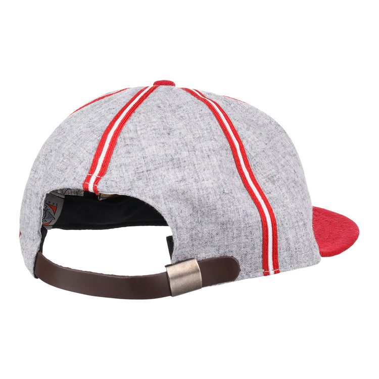 Back view of the Ebbets Field Flannels Daytona Beach Islanders 1936 Vintage Ballcap, featuring red stripes, a red brim, and an adjustable brown leather strap with metal buckle.