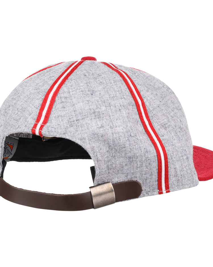Back view of the Ebbets Field Flannels Daytona Beach Islanders 1936 Vintage Ballcap, featuring red stripes, a red brim, and an adjustable brown leather strap with metal buckle.