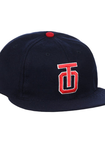 The EFF Tulsa Oilers 1969 Vintage Ballcap is a navy cap with a red and white embroidered TJ logo, red top button, and classic styling inspired by the 1969 Pacific Coast League design.