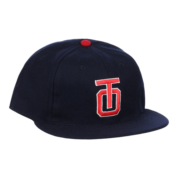 The EFF Tulsa Oilers 1969 Vintage Ballcap is a navy cap with a red and white embroidered TJ logo, red top button, and classic styling inspired by the 1969 Pacific Coast League design.