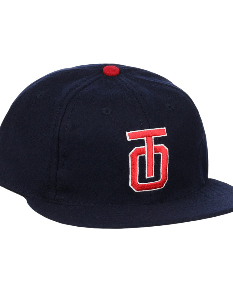 The EFF Tulsa Oilers 1969 Vintage Ballcap is a navy cap with a red and white embroidered TJ logo, red top button, and classic styling inspired by the 1969 Pacific Coast League design.