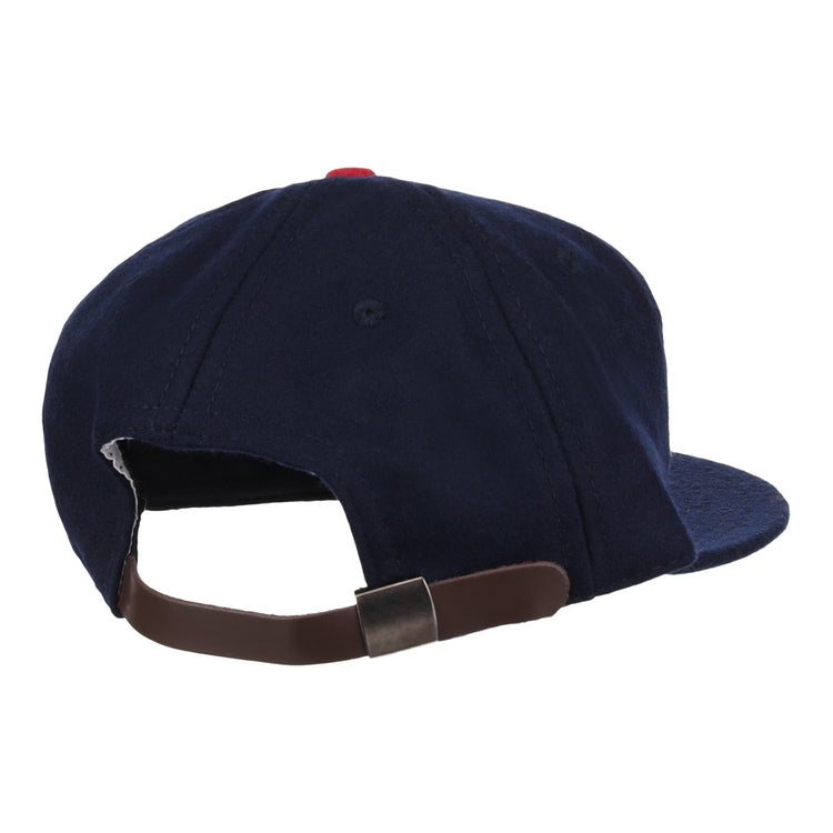 The EFF Tulsa Oilers 1969 Vintage Ballcap is a navy blue cap seen from the back, featuring a brown adjustable strap with a metallic clasp, inspired by the original Pacific Coast League design.